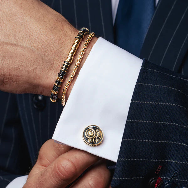Carousel Gear Cufflinks – Yellow Gold Plated with Black Enamel