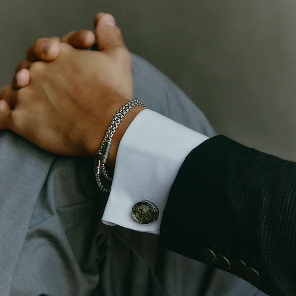 Tonneau Skeleton Cufflinks – Palladium & Blue Enamel