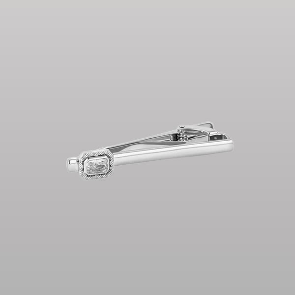 Halo Rectangular Tie Clip – Rhodium Plated with Clear Cubic Zirconia