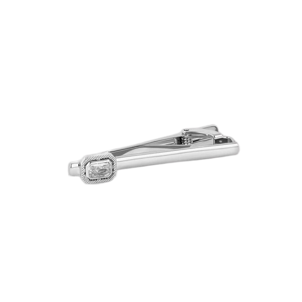 Halo Rectangular Tie Clip – Rhodium Plated with Clear Cubic Zirconia