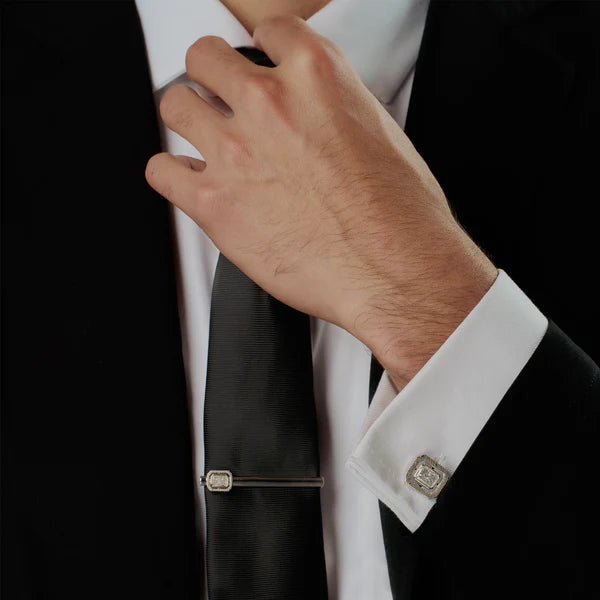 Halo Rectangular Tie Clip – Rhodium Plated with Clear Cubic Zirconia