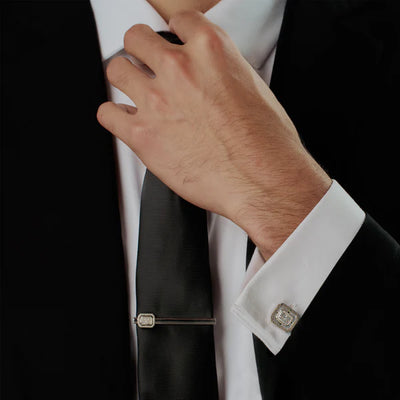 Halo Rectangular Tie Clip – Rhodium Plated with Clear Cubic Zirconia