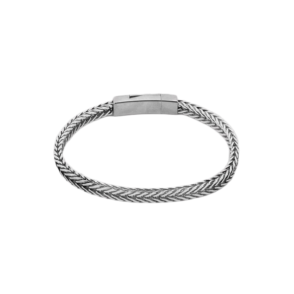 Herringbone Click Multi Pelle Bracelet – Rhodium Plated Sterling Silver with Blue Leather