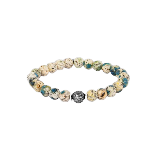Lhasa Graffiato Beaded Bracelet – Rhodium Silver with Cream & Blue Azurite