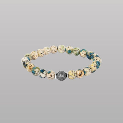 Lhasa Graffiato Beaded Bracelet – Rhodium Silver with Cream & Blue Azurite