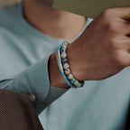 Lhasa Graffiato Beaded Bracelet – Rhodium Silver with Cream & Blue Azurite