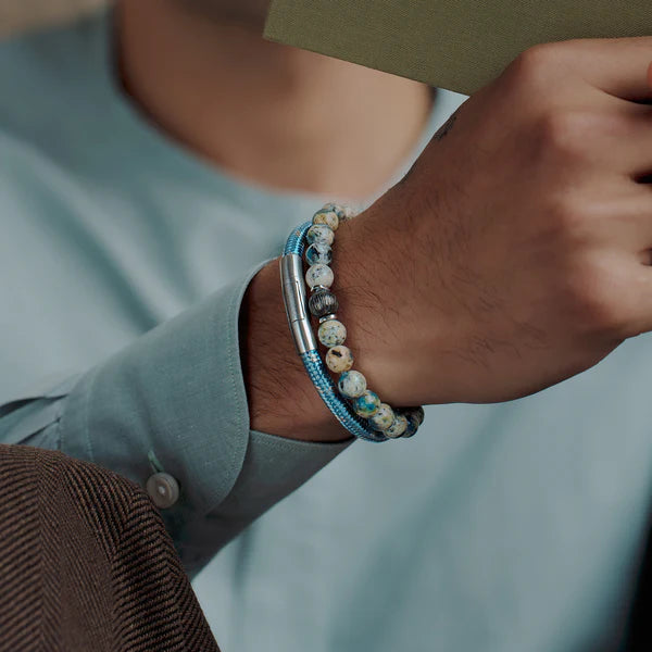 Lhasa Graffiato Beaded Bracelet – Rhodium Silver with Cream & Blue Azurite
