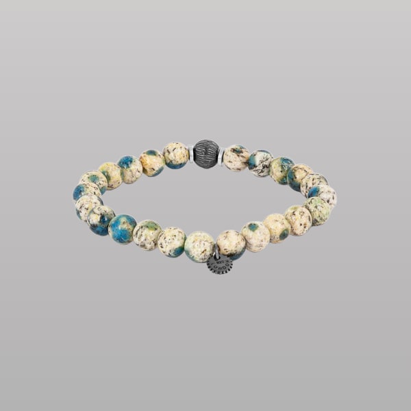 Lhasa Graffiato Beaded Bracelet – Rhodium Silver with Cream & Blue Azurite