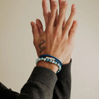 Lhasa Graffiato Beaded Bracelet – Rhodium Silver with Cream & Blue Azurite