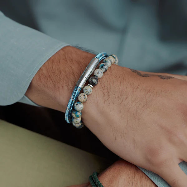 Lhasa Graffiato Beaded Bracelet – Rhodium Silver with Cream & Blue Azurite