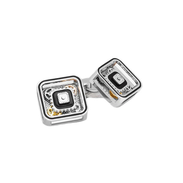 Quadrato Gear Cufflinks – Silver & Black Enamel, Palladium Plated