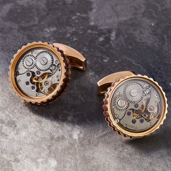 Round Skeleton Gear Cufflinks – Enamel & Rose Gold Stainless Steel
