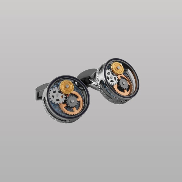 Round Gear Carbon Fibre Cufflinks – Gunmetal Plated