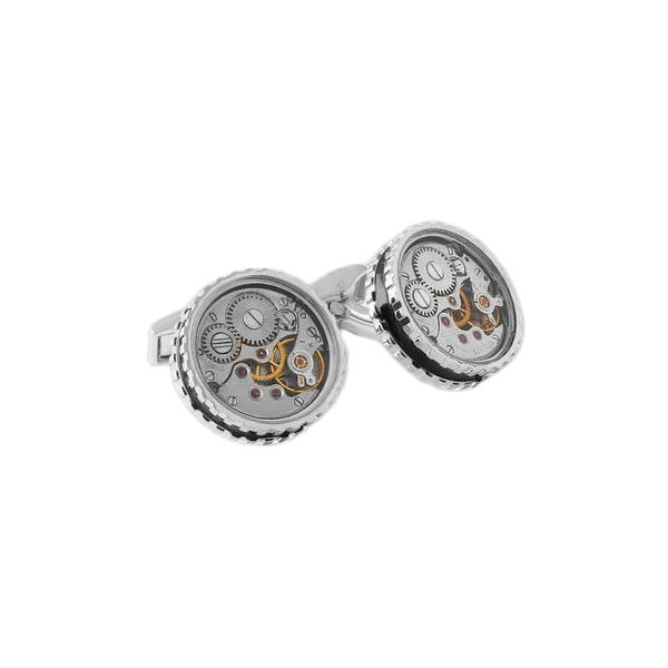 Round Skeleton Gear Cufflinks – Black Enamel, Palladium Plated