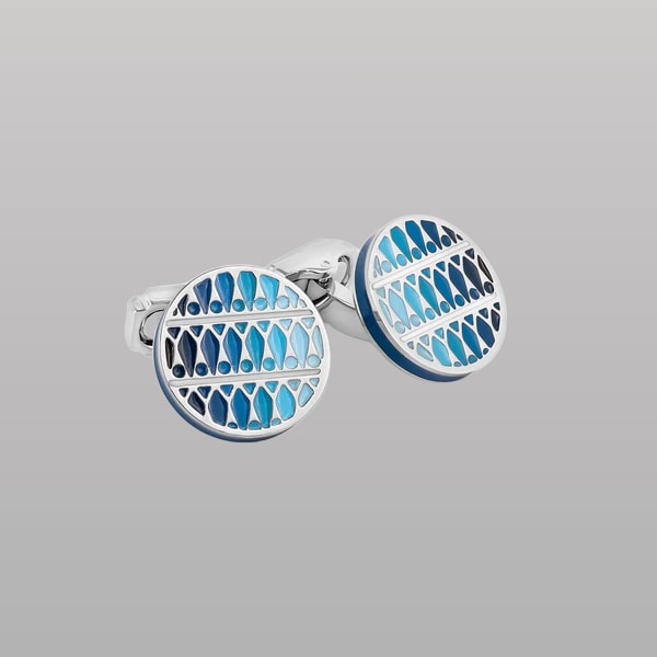 Thompson Cairo Leaf Cufflinks – White Bronze Plated with Blue Enamel