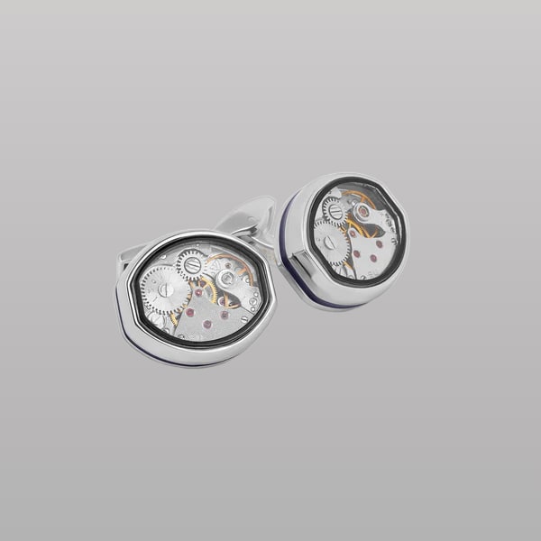 Tonneau Skeleton Cufflinks – Palladium & Blue Enamel